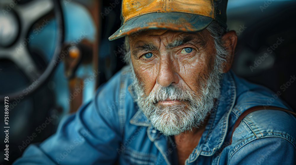 portrait of a 50s latin male mechanic in his work, bearded wearing a cap 