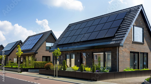Solar energy, A family house building with solar panels on the roof in a residential area. blue sky and during the Spring season,  a dutch house with brick wall and roof tiles