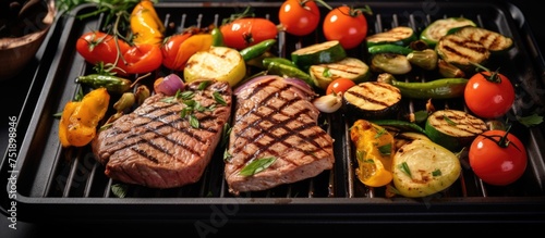 A grill with delicious steaks and assorted vegetables cooking on the grates. The savory aroma of charred meat and sizzling vegetables wafts through the air. photo