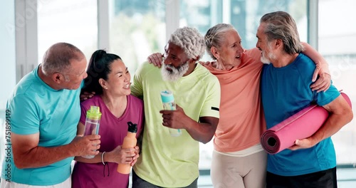 Fitness, yoga and smile with senior friends in class together for health, wellness or workout. Exercise, training and laughing with group of old people at gym for pilates. improvement or mobility
