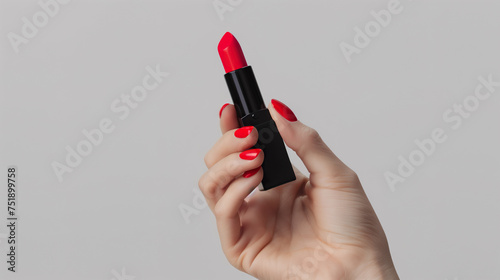 Female hand holding lipstick. Equipment for maquillage. Make-up and visagist. Place for text or creative design. Mockup style. Cosmetic and beauty concept.