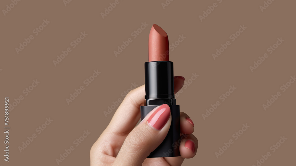 Female hand holding lipstick. Equipment for maquillage. Make-up and visagist. Place for text or creative design. Mockup style. Cosmetic and beauty concept. Female hand holding lipstick. Equipment for maquillage. Make-up and visagist. Place for text or creative design. Mockup style. Cosmetic and beauty concept.