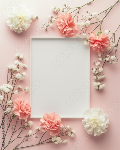 Creative arrangement made with gypsophila and pastel pink and white carnations against pastel pink background with photo frame. Minimal spring  concept. Mother s day concept.