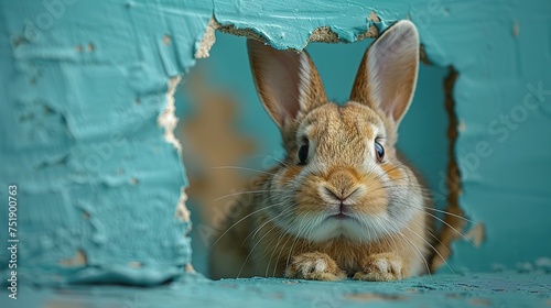 Easter bunny poster peeking out of a hole in the wall with copy space, rabbit jumps out of a torn hole