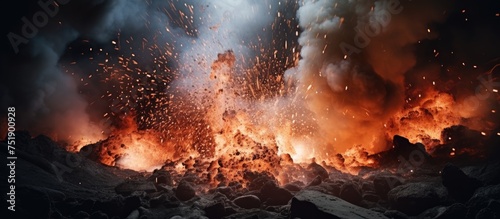 A large pile of rocks is engulfed in a powerful eruption, with flames shooting out violently. The scene is one of extreme heat and intensity, showcasing the raw power of nature.