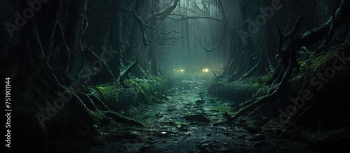 A dense forest filled with numerous trees, creating a dark and mysterious atmosphere. The trees are closely packed together, creating a canopy that blocks out most sunlight. The forest floor is