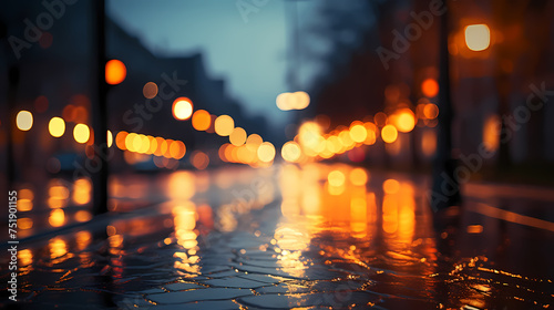 Bright bokeh city lights reflected on wet road surface