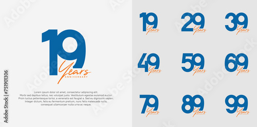 anniversary logotype vector design set with orange handwriting, blue color can be use for special day © AMALIYA