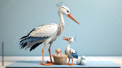 Two cartoon storks, a larger one with a crested head and a smaller one with a tuft of feathers, standing beside a wicker basket that contains a cheerful baby, with two eggs lying nearby on a blue mat  photo