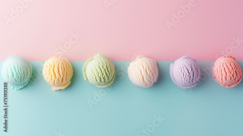 Scoops of different types of ice cream on duotone pink and blue background. Minimal summer concept.