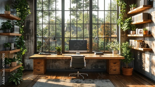 Modern home office with an ergonomic setup, open shelving, and a green plant for a touch of nature
