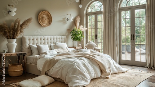 Cozy yet modern bedroom with soft lighting, plush textiles, and a serene color palette for relaxation
