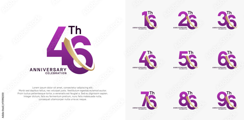 anniversary vector set. purple color with gold swoosh can be use for celebration