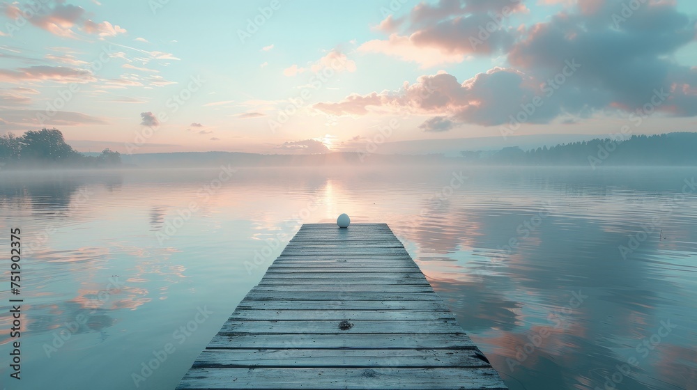 A serene Easter morning at a lakeside, with a solitary wooden dock leading out to calm waters reflecting the pastel colors of the dawn sky. A single Easter egg rests at the end of the dock - obrazy, fototapety, plakaty 