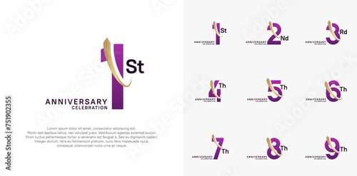 anniversary vector set. purple color with gold swoosh can be use for celebration