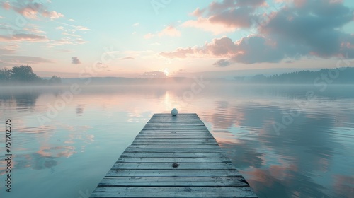A serene Easter morning at a lakeside, with a solitary wooden dock leading out to calm waters reflecting the pastel colors of the dawn sky. A single Easter egg rests at the end of the dock photo