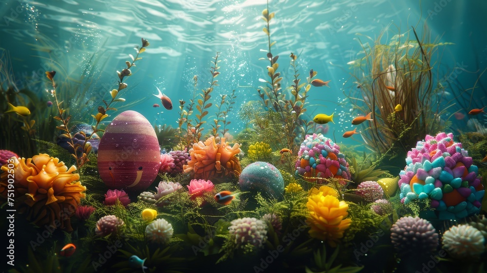 Naklejka premium An underwater Easter celebration, where mermaids decorate coral reefs with colorful eggs and sea creatures gather in anticipation.