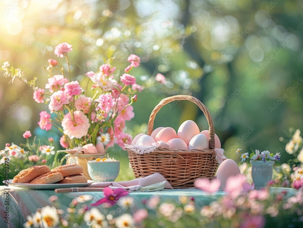 An idyllic springtime setting featuring a peaceful Easter picnic in a garden overflowing with blooming flowers, bathed in the warm, gentle light of a spring morning. An idyllic springtime setting featuring a peaceful Easter picnic in a garden overflowing with blooming flowers, bathed in the warm, gentle light of a spring morning.