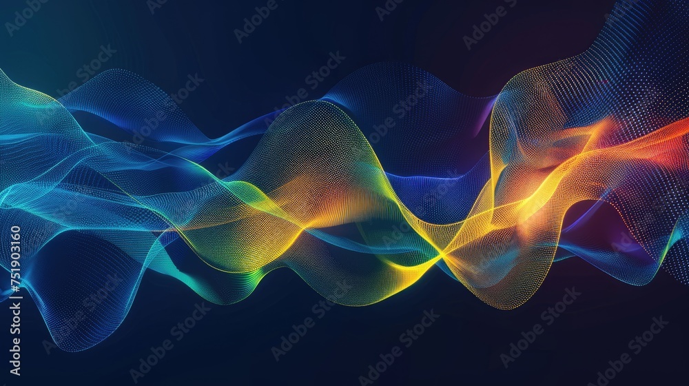 Fototapeta premium Medium sized lines, abstract glowing waveforms on a dark blue, yellow, orange, green, and blue background. Geometric line art design. modern shiny blue lines future technology concept