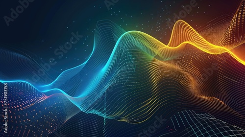 Medium sized lines, abstract glowing waveforms on a dark blue, yellow, orange, green, and blue background. Geometric line art design. modern shiny blue lines future technology concept