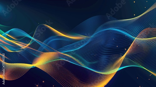 Medium sized lines, abstract glowing waveforms on a dark blue, yellow, orange, green, and blue background. Geometric line art design. modern shiny blue lines future technology concept