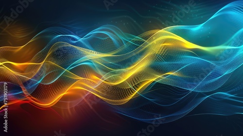 Medium sized lines, abstract glowing waveforms on a dark blue, yellow, orange, green, and blue background. Geometric line art design. modern shiny blue lines future technology concept