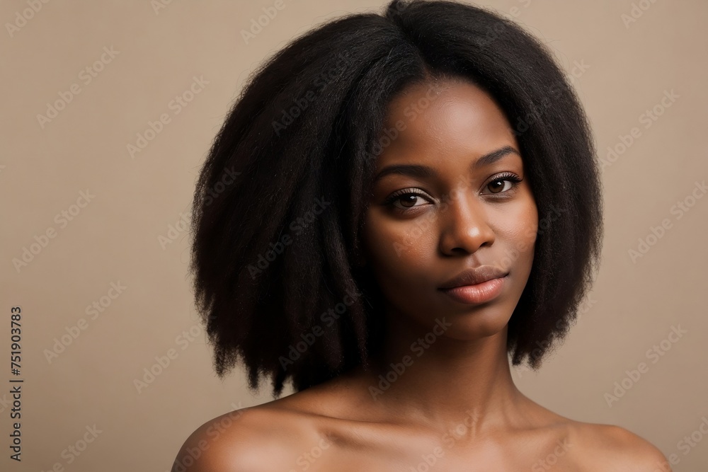 Beautiful young black afro woman looking at the camera on a beige background with copy space. Beautiful black woman with pretty skin. Skin Care Concept. Beautiful young black afro woman looking at the camera on a beige background with copy space. Beautiful black woman with pretty skin. Skin Care Concept.