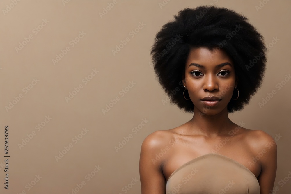Beautiful young black afro woman looking at the camera on a beige background with copy space. Beautiful black woman with pretty skin. Skin Care Concept. Beautiful young black afro woman looking at the camera on a beige background with copy space. Beautiful black woman with pretty skin. Skin Care Concept.