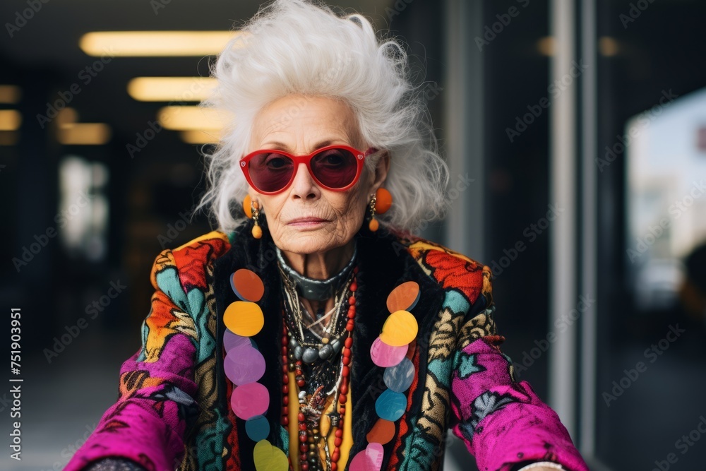 Portrait of an old woman in sunglasses and a bright jacket. Portrait of an old woman in sunglasses and a bright jacket.
