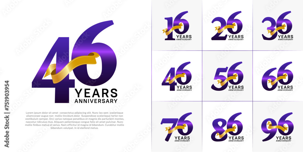 Set of Anniversary Logotype purple color with gold ribbon can be use for special day celebration
