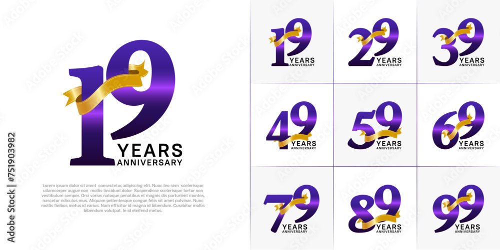 Set of Anniversary Logotype purple color with gold ribbon can be use for special day celebration