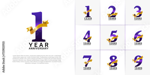 Set of Anniversary Logotype purple color with gold ribbon can be use for special day celebration