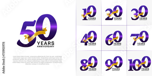 Set of Anniversary Logotype purple color with gold ribbon can be use for special day celebration