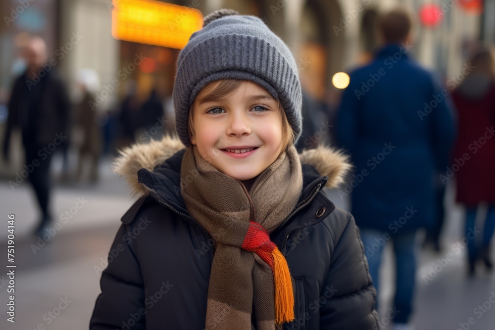Portrait of a smiling little girl in a hat and scarf on a city street Portrait of a smiling little girl in a hat and scarf on a city street