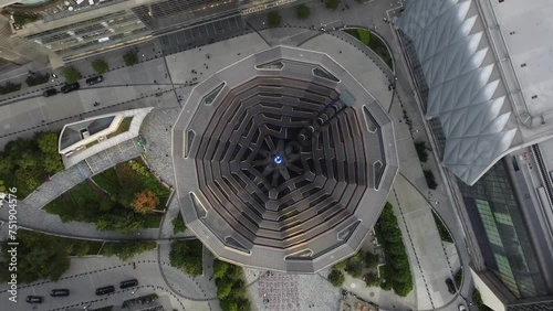 Aerial video of a structure as part of the Hudson Yards redevelopment project in Manhattan, New York