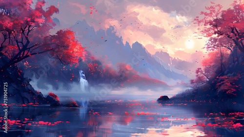 The sun rises over a mystical lake surrounded by autumn trees with red foliage, creating a tranquil reflection amidst a soft, pink-hued sky. digital art style, illustration painting.