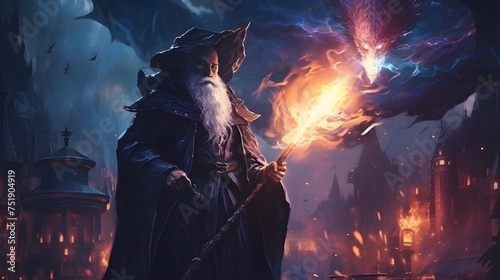 An elder wizard conjures a powerful fire spell to combat a dark mythical beast above a burning medieval city. digital art style, illustration painting. photo