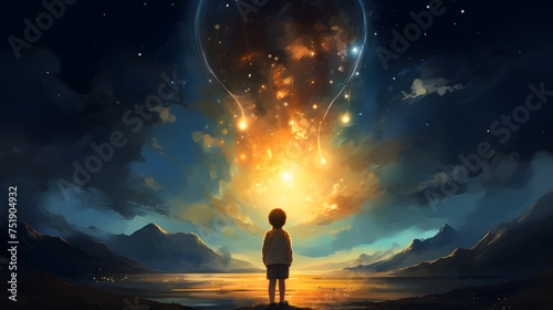 A lone child stands before a majestic cosmic light display over a serene mountain lake at dusk. digital art style  illustration painting.