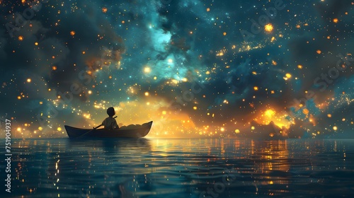 A solitary figure rows a small boat under a breathtaking starry sky with vibrant cosmic colors and reflections on water. digital art style, illustration painting.