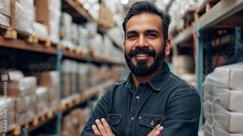 Portrait of male warehouse worker standing in large bright distribution center with ample lighting