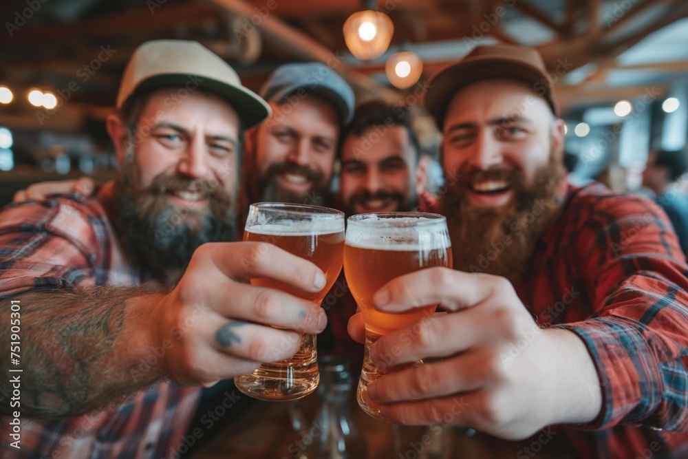 Group of bearded friends cheering with craft beer at a local brewery, Concept of camaraderie and casual social gatherings Group of bearded friends cheering with craft beer at a local brewery, Concept of camaraderie and casual social gatherings