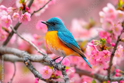 Vibrant Blue and Orange Bird Perched on Blooming Pink Cherry Blossom Branch, Concept of Spring and Nature's Beauty