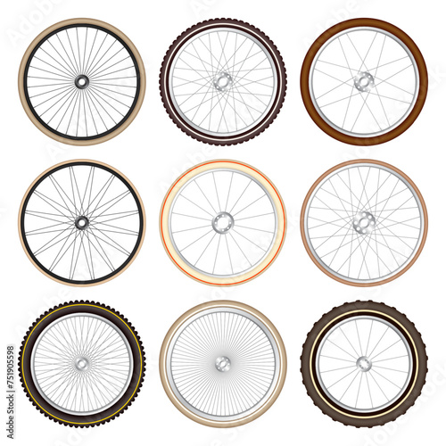 Realistic 3d retro bicycle wheels. Vintage bike rubber tyres, shiny metal spokes and rims. Fitness cycle, touring, sport, road and mountain bike. Vector illustration