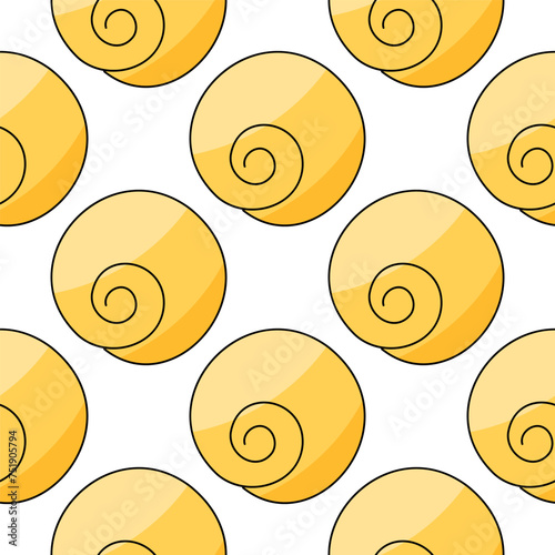Seashells molluscs. Snails in shells. Summer Seamless Pattern Background. Animals of the sea. Colored seafood. Print for children's and adult clothing. Hand drawn vector illustration.