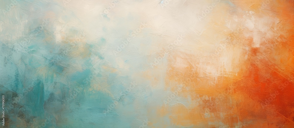This closeup view showcases a textured abstract background in Impressionist art, featuring vibrant swirls of orange and blue colors blending harmoniously. The brushstrokes create a dynamic and