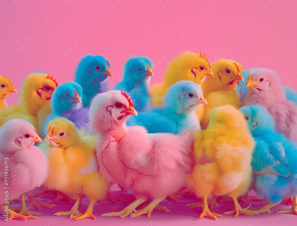 Colorful easter chicks in a row.Minimal creative Easter party celebration concept.Copy space,top view.Generative AI