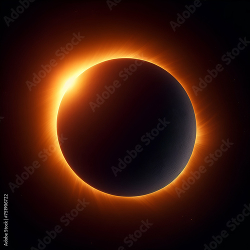 Amazing Scientific Total of Phases of  Solar Eclipse of the Orange Sun in the Sky on Earth with Stars on a Black, Dark Blue Background. The Moon Covers the Sun in this Mysterious Natural Phenomenon. 