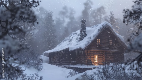 fireplace snowy cabin © vectorwin