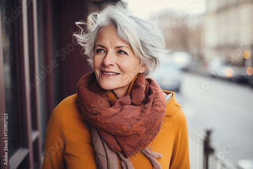 Portrait of smiling senior woman in yellow coat and scarf on the street © Iigo