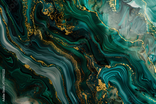 Liquid texture with marble pattern emerald green, black and gold colour